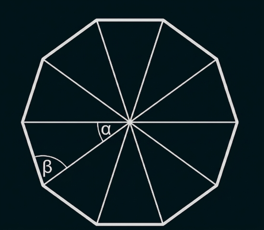 Geometrische Figur mit eingezeichneten Linien und Winkeln α und β in einem Vieleck.
